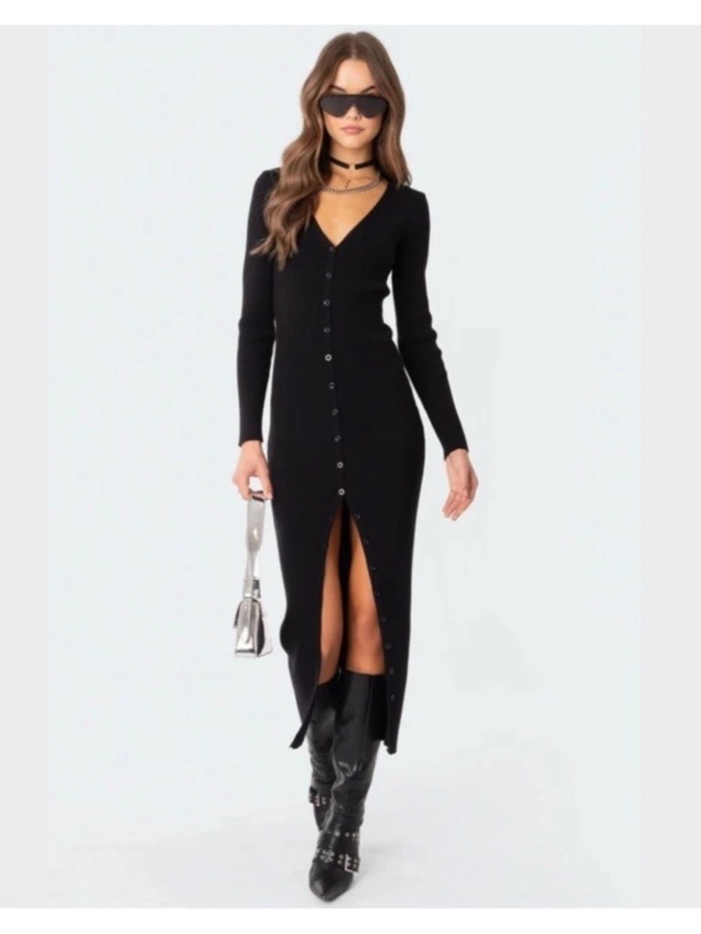 Edikted Jazlyn Knitted Button Up Sweater Maxi Dress Medium